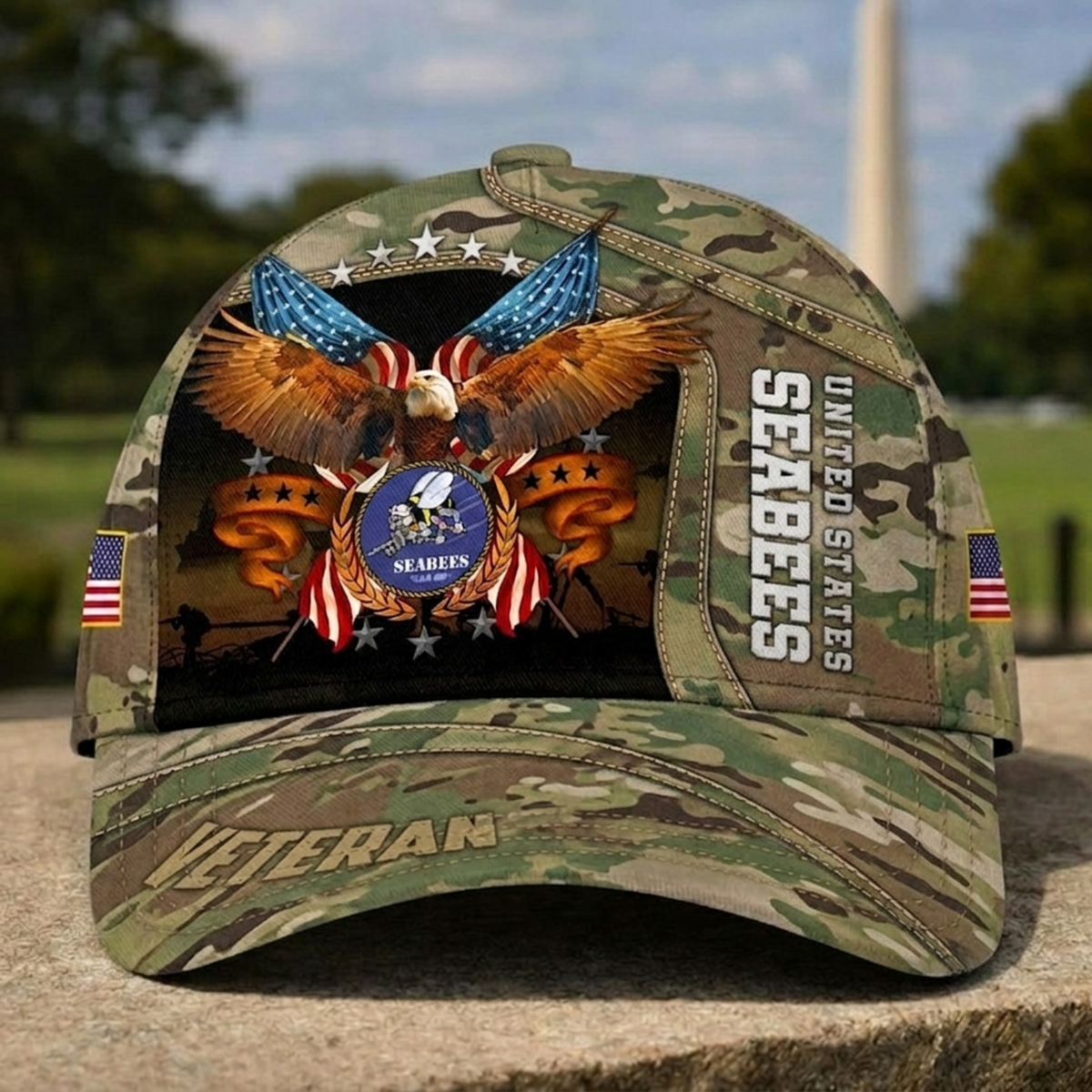 US Navy Seabees Veteran Camo Baseball Cap, Eagle & Seabees Heritage Hat