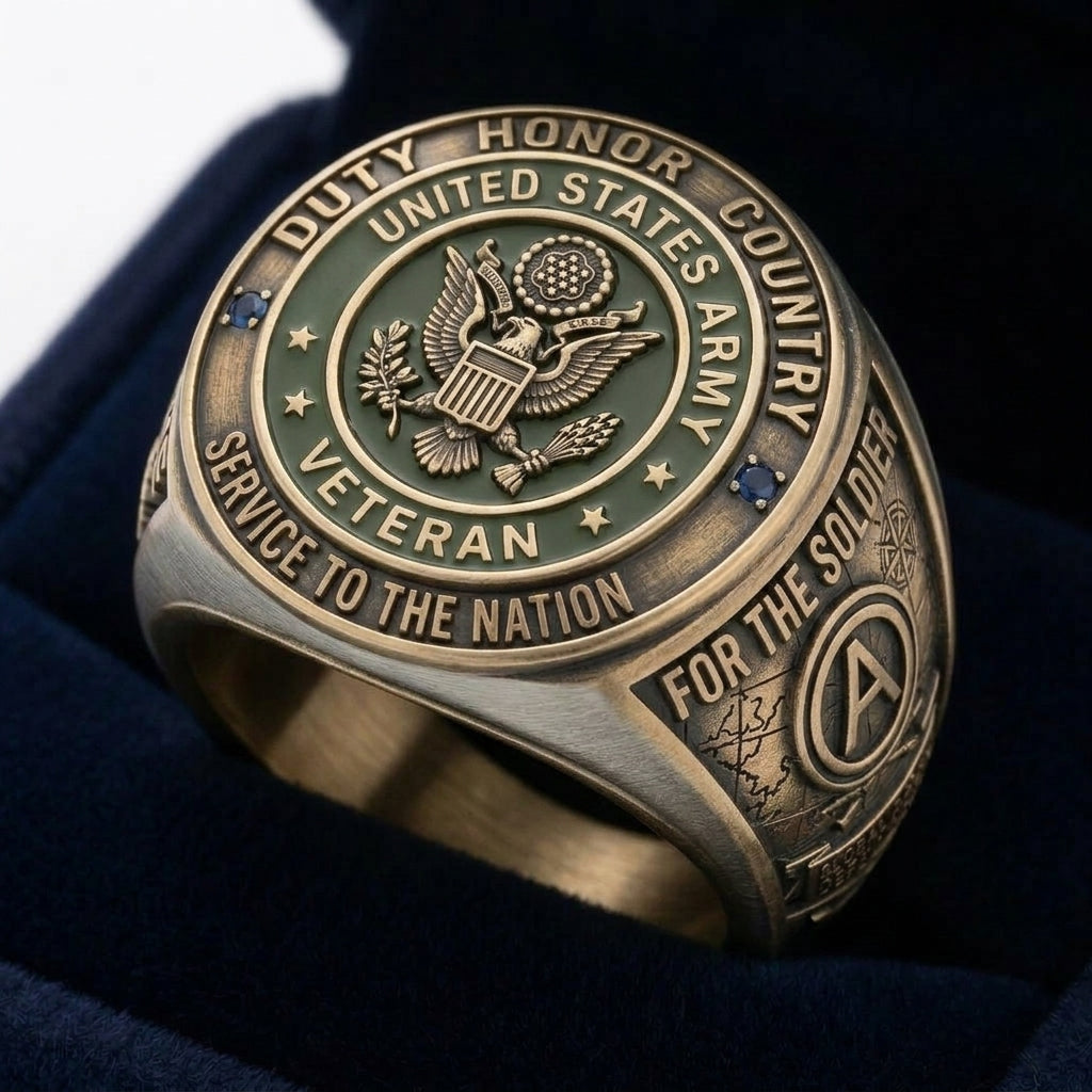 Bronze United States Army veteran ring with engraved text on a dark background