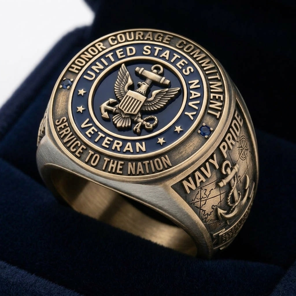 United States Navy veteran ring with engraved text and emblem on a dark background